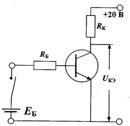 В схеме, изображенной на рис., используется транзистор с коэффициентом передачи тока базы β = 50 и обратным током коллекторного перехода I<sub>КБО</sub> = 10 мкА, R<sub>Б</sub> = 10 кОм, Е<sub>Б</sub> = 1 В, R<sub>К</sub> = 5 кОм. Определите режим работы и напряжение U<sub>КЭ</sub> транзистора при разомкнутом и замкнутом ключе, считая, что коэффициент β неизменен. 