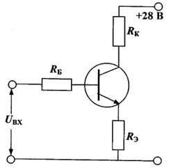 Определите, при каком минимальном входном напряжении транзистор будет работать в режиме насыщения, если R<sub>Б</sub> = 15 кОм, R<sub>Э</sub> = 1 кОм, R<sub>К</sub> = 2 кОм, U<sub>БЭ</sub> = 0,2 В? Принять, что на границе режим насыщения β = 9.
