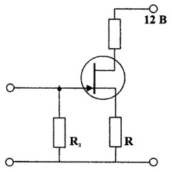 В схеме, показанной на рисунке, используется полевой транзистор с U<sub>отс</sub> = -2 В. Определить R, и крутизну передаточной характеристики транзистора в рабочей точке. Принять, что в рабочей точке I<sub>С</sub> = 0,25·I<sub>С.max</sub> = 1 мА.