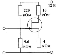 В схеме, показанной на рисунке, используется полевой транзистор с I<sub>С.max</sub> = 1 мА и U<sub>отс</sub> = -4 В. Определить U<sub>СИ</sub> и крутизну передаточной характеристики транзистора в рабочей точке. 