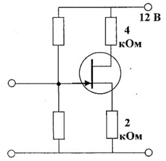 В схеме, показанной на рисунке, используется полевой транзистор с U<sub>отс</sub> = -2 В. Определить напряжения U<sub>ЗИ</sub>, U<sub>СИ</sub>, и крутизну передаточной характеристики транзистора в рабочей точке, если в рабочей точке I<sub>С</sub> = 0,36·I<sub>С.max</sub> = 1 мА. 