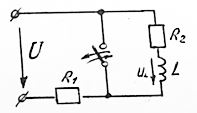 Цепь, изображенная на рисунке, находится под действием постоянного напряжения U = 100 В, R1 = R2 = 10 Ом, L= 10 мГ. Рубильник замкнут.  <br />В момент времени t = 0 рубильник размыкается. <br />Определить напряжение на индуктивности через t1 = 0.5 мс после размыкания рубильника.  <br />Показать это напряжение на временной диаграмме.