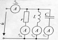 При каком соотношении параметров цепи показания всех четырех амперметров будут одинаковыми? <br />1.	1/r=1/ωL=ωC <br />2.	Правильного ответа нет <br />3.	1/ωL=1/ωC=1/r <br />4.	1/r=1/ωL=-ωC <br />5.	1/ωL=ωC