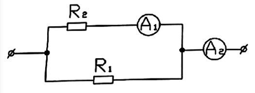 R<sub>1</sub> = 3 Ом, показания амперметров: А<sub>1</sub> = 5 А, А<sub>2</sub> = 25 А. Сопротивление  резистора R<sub>2</sub> равно: <br />1. 15 Ом <br />2. 12 Ом <br />3. 20 Ом <br />4.	30 Ом