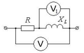 Определить показание вольтметра V, включенного в цепь синусоидального тока, если вольтметр V<sub>1</sub> показывает 24 В. Параметры элементов R = 16 Ом и X<sub>L</sub> = 12 Ом (вольтметры - электродинамические системы). <br />- 56 В <br />- 40 В <br />- 24 В <br />- 8 В <br />- 79,2 В
