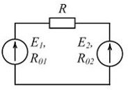 При Е<sub>1</sub> < Е<sub>2</sub> источники ЭДС работают... <br />- оба в режиме активного приемника <br />- Е<sub>1</sub> - в режиме активного приемника, Е<sub>2</sub> - в режиме генератора <br />- Е<sub>1</sub> - в режиме генератора, Е<sub>2</sub> - в режиме активного приемника <br />- оба в режиме генератора