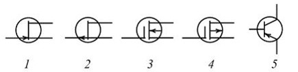Условные обозначения полевых транзисторов с изолированным затвором приведены на рисунках... <br />- 2, 3 <br />- 1, 2 <br />- 2, 5 <br />- 3, 4