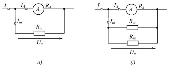 Измерительные механизмы приборов магнитоэлектрической системы при непосредственном включении могут измерять небольшие по величине токи и напряжения. Для расширения предела измерения тока параллельно магнитоэлектрическому амперметру подключают наружные шунты (рис. а и б). <br /><b>Задание:</b> В схеме а) амперметр на номинальный ток I<sub>A</sub> = 40 мА имеет внутреннее падение напряжения U<sub>Н</sub> = 64 мВ. Внутреннее сопротивление амперметра R<sub>A</sub> равно _____ Ом. <br />- 1,2 <br />- 1,6 <br />- 2,6 <br />- 0,6