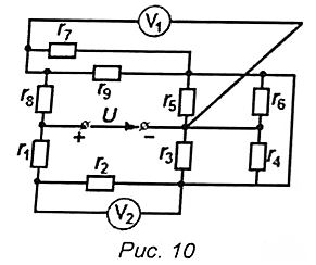 В соответствии с заданным номером варианта заданы величины напряжения на входных зажимах электрической схемы и все сопротивления. Определить: <br />1) токи во всех ветвях схемы <br />2) показания вольтметров. <br /><b>Вариант 10</b>   <br />U = 70 В <br />R1 = 20 Ом, R2 = 60 Ом, R3 = 80 Ом, R4 = 20 Ом, R5 = 80 Ом, R6 = 80 Ом, R7 = 20 Ом, R8 = 15 Ом, R9 = 5 Ом
