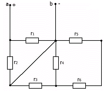  Заданы все сопротивления и напряжения Uab.  Требуется: <br />1.	Найти общее сопротивление схемы относительно зажимов a-b <br />2.	Определить токи во всех ветвях. <br /><b>Вариант 14</b> <br />Дано: <br />Uab = 45 В, <br />r1 = 15 Ом, r2 = 10 Ом, r3 = 20 Ом, r4 = 40 Ом, r5 = 50 Ом, r6 = 20 Ом