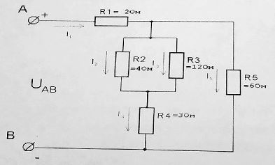 <b>Задача 1</b> <br />Цепь постоянного тока содержит несколько резисторов, соединенных смешанно. Схема электрической цепи приведена на соответствующем рисунке. Номер рисунка, заданные значения напряжений или токов приведены в табл. 1. Везде индекс тока или напряжения совпадает с индексом резистора, по которому проходит этот ток или на котором действует это напряжение. <br />Определить эквивалентное сопротивление цепи (Rэкв), токи (I) в каждом резисторе и напряжение (U) на каждом резисторе. Определить мощность (P), потребляемую всей цепью.  <br /><b>Вариант 1</b>  <br />Дано: Рисунок 1    <br />U<sub>AB</sub> = 80 В
