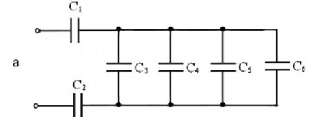 С<sub>3</sub> = 0,5 мкФ, С<sub>1</sub> = С<sub>4</sub> = 1 мкФ, С<sub>2</sub> = 2 мкФ, С<sub>5</sub> = С<sub>6</sub> = 0,25 мкФ. <br />Замените С<sub>3</sub>, С<sub>4</sub>, С<sub>5</sub> и С<sub>6</sub> на С<sub>экв</sub>