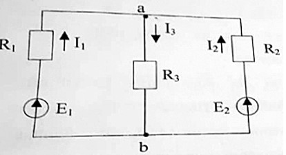 Для данной схемы определить токи в ветвях методами: 1. Непосредственного применения законов Кирхгофа, 2. Контурных токов, 3. Двух узлов, 4. Наложения  <br />Е<sub>1</sub> = 102 В; Е<sub>2</sub> = 109 В; R<sub>1</sub> = 3 Ом; R<sub>2</sub> = 7 Ом; R<sub>3</sub> = 12 Ом.   <br />Для данной схемы определить токи в ветвях методом двух узлов. 