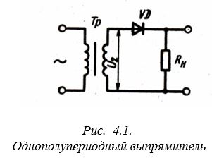 Для схемы однополупериодного выпрямителя (рис. 4.1) определить выпрямленное напряжение U<sub>0</sub>, если амплитуда напряжения первичной обмотки трансформатора U1m  = 220 В, коэффициент трансформации n = 1, 43.