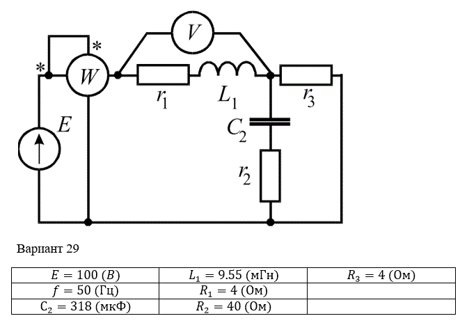 <b>Анализ линейной электрической цепи синусоидального тока в  установившемся режиме</b> <br />Для электрической схемы, изображенной на рисунке 2, по заданным в таблице 2 параметрам и ЭДС источника выполнить следующее:  <br />1) Составить систему уравнений по законам Кирхгофа в дифференциальной  форме.  <br />2) Рассчитать мгновенные значения токов во всех ветвях: <br />- по законам  Кирхгофа; <br />- методом контурных токов; <br />- методом узловых потенциалов;  <br />3) Составить баланс активных, реактивных, комплексов полных мощностей.  <br />4) Построить в масштабе на одной комплексной плоскости векторную диаграмму токов и топографическую диаграмму напряжений.  <br />5) Определить показания вольтметра и ваттметра.  <br />6) Исследовать заданную электрическую цепь с помощью моделирующей  программы Electronics Workbench. Измерить значения токов в ветвях и сравнить их  с действующими значениями токов, рассчитанными в пункте 1<br /> <b>Вариант 29</b>