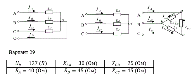 <b>Анализ трехфазных цепей при  различных   схемах   соединения нагрузки</b><br /> Обмотки  трехфазного  генератора  с  симметричной  системой  фазных напряжений Uф соединены звездой. Даны три схемы соединения нагрузки: звезда с нулевым  проводом;  звезда;  треугольник.   <br />Для каждой схемы:   <br />1) рассчитать все токи;  <br />2) проверить баланс комплексной мощности;  <br />3) построить векторную диаграмму напряжений и токов. <br /><b>Вариант 29</b>