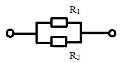 На схеме показано соединение 2х резисторов. Определите сопротивление 2го резистора, если I<sub>1</sub> = 2 А, R<sub>1</sub> = 2 Ом, I<sub>2</sub> = 1 А <br />1. 4 Ом <br />2. 3 Ом <br />3. 1 Ом