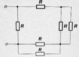 Определить эквивалентное сопротивление цепи относительно указанных зажимов, если R = 5 Ом. Ввести ответ, округлив до десятых Ом.