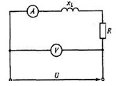 Каковы сопротивление R и активная мощность Р в цепи, показанной на рис., если Х<sub>L</sub> = 30 Ом, амперметр показывает 4 А, а вольтметр 200 В.  <br />1. R=40 Ом; Р=640 Вт. <br />2. R=20 Ом; Р=320 Вт. <br />3. R=50 Ом; Р=800 Вт. <br />4. R=80 Ом; Р=1280 Вт.