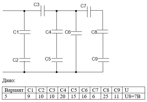 <b>Задача 5</b><br />Определить общий заряд, напряжение и емкость батареи конденсаторов.<br />Найти: С<sub>общ.</sub>, U<sub>общ</sub>., q<sub>общ</sub><br /><b>Вариант 5</b>