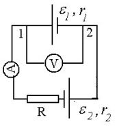 Определите силу тока в цепи, если вольтметр показывает напряжение U=20В. Два элемента с ЭДС ε1=50В, ε2=40В, с одинаковыми внутренними сопротивлениями замкнуты на сопротивление R=500 Ом.