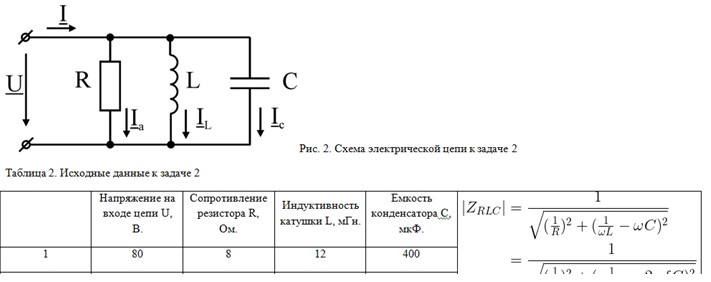 К электрической цепи, состоящей из параллельно соединенных резистора, катушки индуктивности и конденсатора, приложено переменное синусоидальное напряжение U частотой f = 50 Гц. Электрическая схема цепи приведена на рисунке 2. Значение величин сопротивления индуктивности и емкости, а также действующего значения напряжения приведены в таблице 2. Определить комплексный ток, комплексы падения напряжений на элементах цепи, комплексную, активную и реактивную мощность. Построить в масштабе векторные диаграммы тока и напряжений на комплексной плоскости. Построить в масштабе векторную диаграмму мощностей на комплексной плоскости.