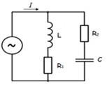 В цепи подключены катушка, конденсатор и резисторы. Индуктивность катушки L = 0,01 Гн, емкость конденсатора С = 800 мкФ, сопротивление резисторов R<sub>1</sub> = 4, R<sub>2</sub> = 3. Напряжение источника U = 36 В, частота f = 50 Гц. Определить токи в ветвях цепи. 