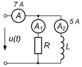 Для цепи синусоидального тока, изображенной на рис., известны показания амперметров А и А<sub>2</sub>. Найти показание амперметра А<sub>1</sub> и активную мощность, потребляемую цепью, если сопротивление резистора 10 Ом.
