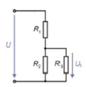 Показанный ниже делитель тока содержит резисторы R<sub>1</sub> = 400 Ω, R<sub>2</sub> = 600 Ω и R<sub>3</sub> = 300 Ω и подключен к напряжению U = 200 V. <br />Рассчитайте ток I<sub>2</sub>.