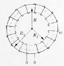 <b>Задача 5.</b> <br />Кольцевая катушка (круглого сечения) с внутренним и наружным радиусами R1 и R2 имеет число витков w с током I. Определить напряженность магнитного поля H на средней линии катушки и магнитный поток Ф в сердечнике и немагнитного материала круглого сечения. Какова индуктивность это катушки L? <br /><b>Вариант 2</b> <br />Дано: R1 = 0.1 м, R2 = 0.09 м, w = 150, I = 0.15 A 