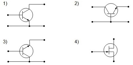Схеме включения транзистора с общим эмиттером соответствует рисунок... <br /><b>Выберите один ответ:</b> <br />а. 1) <br />b. 2) <br />с. 3) <br />d. 4)