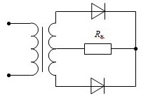 На рисунке изображена схема выпрямителя... <br />1) двухполупериодного с выводом средней точки обмотки трансформатора <br />2) двухполупериодного мостового <br />3) трехфазного однополупериодного  <br />4) однополупериодного <br /><b>Выберите один ответ:</b> <br />а. 1)<br />b. 2) <br />с. 3) <br />d. 4)