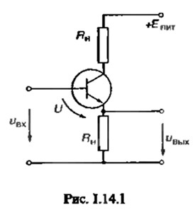 14.2(УО). В эмиттерном повторителе (рис. I.14.1) применен транзистор с дифференциальной крутизной характеристики S = d<sub>ik</sub>/du<sub>бэ</sub> = 7 мА/В. Сопротивление резистора нагрузки R<sub>к</sub> = 3 кОм. Вычислите коэффициент усиления данного устройства по напряжению. Определите, при каком направлении u<sub>вх</sub> на входе цепи величина напряжения u<sub>бэ</sub> = 0,15 В.