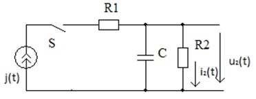 В цепи  действует источник тока.  <br />Найти переходные характеристики от тока j(t) к току i<sub>2</sub>(t) и от тока j(t) к напряжению u<sub>2</sub>(t).