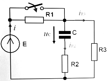 В схеме с параметрами Е = 23 В, R<sub>1</sub> = 4 Ом, R<sub>2</sub> = 5 Ом, R<sub>3</sub> = 6 Ом, С = 8 мкФ определить напряжение на конденсаторе С сразу после размыкания ключа.