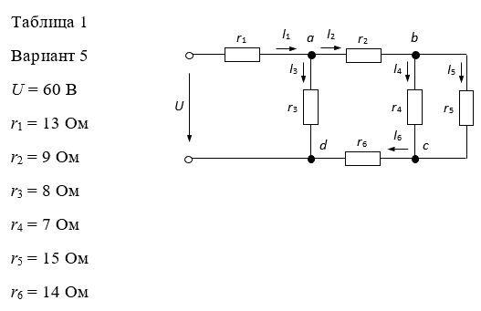 <b>Расчет разветвленной линейной электрической цепи постоянного тока с одним источником электрической энергии</b><br />   Для электрической цепи, изображенной на рис.1, определить токи, а также мощность, развиваемую источником энергии. Значения сопротивлений резисторов и напряжения на зажимах цепи приведены в табл.1. <br /> <b>Вариант 5 Схема 1</b>