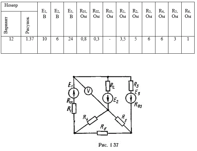 Для электрической цепи, схема которой изображена на рис. 1.1 – 1.50, по заданным в таблице сопротивлениям и ЭДС выполнить следующее:  <br />1) составить систему уравнений, необходимых для определения токов по первому и второму законам Кирхгофа;  <br />2) найти все токи, пользуясь методом контурных токов;  <br />3) проверить правильность решения, применив метод узловых напряжений (метод двух узлов). Предварительно упростить схему, заменив треугольник сопротивлений R4, R5 и R6 эквивалентной звездой. Начертить расчетную схему с эквивалентной звездой и показать на ней токи; <br />4) определить ток в резисторе R6 методом эквивалентного генератора;  <br />5) определить показание вольтметра и составить баланс мощностей для заданной схемы.<br /> <b>Вариант 12</b>
