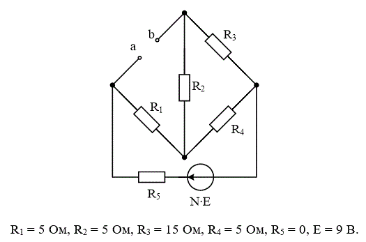 Используя метод эквивалентного активного двухполюсника, определить параметры его последовательной схемы замещения (Еэк и Rэк) относительно зажимов a и b<br /><b>Вариант М=5, N=2</b>