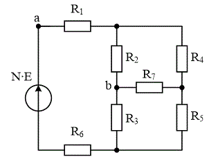 <b>Задача 17 (М=5 N = 2)</b> <br />В заданной схеме найти токи в ветвях и напряжение Uab, если Е=10 В. <br />Значения сопротивлений равны:  <br />R1 = 1 Ом; R2 = 0; R3 = 4 Ом; R4 = 3 Ом; R5 = 2 Ом; R6 = 7 Ом; R7 = 6 Ом.