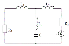 <b>ЗАДАНИЕ ПО РАСЧЕТУ РЕЖИМА ЭЛЕКТРИЧЕСКОЙ ЦЕПИ С ВЗАИМОИНДУКТИВНОСТЬЮ</b> <br /> Дано:  <br />1) схема электрической цепи в соответствии с индивидуальным вариантом (табл. 3.1);  <br />2) численные значения параметров элементов в соответствии с групповым вариантом (табл. 3.2), в качестве базисной гармонической функции принять синус.  <br />Требуется:  <br />1) получить комплексную схему замещения цепи;  <br />2) рассчитать любым известным методом численные значения комплексных действующих напряжений и токов всех элементов цепи;  <br />3) найти комплексные мощности всех элементов;  <br />4) проверить баланс мощности в цепи;  <br />5) построить векторные диаграммы токов и напряжений для одного из контуров. <br /><b>Дано:</b> <br />R1 = 10 Ом, R2 = 20 Ом, R3 = 30 Ом <br />C = 200 мкФ <br />L1 = 32 мГн, L2 = 14 мГн, L3 = 20 мГн <br />Kсв = 0,7 <br />E = 80 В, φ = π/6, f = 50 Гц