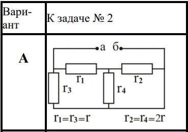 <b>Задача №2. </b><br /> Определить входное сопротивление между узлами «а» и «б» цепей, схемы которых даны в табл. 3.2. Найти его численное значение при r = 2m Ом.   <br /><b>Вариант 1 (Литера А)</b> <br />m = 27 <br />r = 2•m = 54 Ом