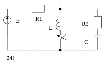 РАССЧИТАТЬ: <br />а) переходные напряжение и ток конденсатора классическим методом;  <br />б) переходный ток конденсатора операторным методом. <br />ИЗОБРАЗИТЬ на одном графике кривые  uС(t) и iС(t). В случае апериодического процесса кривые построить в интервале 0…3τ1,  где τ1 =1/|p1| , p1 - меньший по модулю корень характеристического уравнения. В случае колебательного процесса кривые построить в интервале 0…3(1/δ), где δ - вещественная часть комплексно-сопряжённых корней характеристического уравнения. <br />Во всех вариантах действует источник постоянной ЭДС E=100В, индуктивность L=100мГ.<br /> <b>Вариант 28</b><br />Дано<br /> Номер схемы: 24;<br /> R1 = 25 Ом; R2 = 25 Ом; <br />С = 150 мкФ, L = 100 мГн