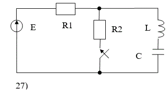 РАССЧИТАТЬ: <br />а) переходные напряжение и ток конденсатора классическим методом;  <br />б) переходный ток конденсатора операторным методом. <br />ИЗОБРАЗИТЬ на одном графике кривые  uС(t) и iС(t). В случае апериодического процесса кривые построить в интервале 0…3τ1,  где τ1 =1/|p1| , p1 - меньший по модулю корень характеристического уравнения. В случае колебательного процесса кривые построить в интервале 0…3(1/δ), где δ - вещественная часть комплексно-сопряжённых корней характеристического уравнения. <br />Во всех вариантах действует источник постоянной ЭДС E=100В, индуктивность L=100мГ.<br /> <b>Вариант 33</b><br />Дано<br /> Номер схемы: 27;<br /> R1 = 50 Ом; R2 = 50 Ом; <br />С = 180 мкФ, L = 100 мГн
