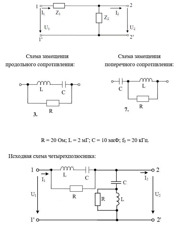 На рис. 5.1 представлена Г-образная эквивалентная схема четырёхполюсника (ЧП), где Z1 – продольное сопротивление, Z2 – поперечное сопротивление.  <br /> 1) начертить исходную схему ЧП; <br />2) свести полученную схему ЧП к Г-образной эквивалентной схеме ЧП, заменив трёхэлементные схемы замещения продольного и поперечного сопротивлений двухэлементными схемами: Z1 = R1 +jX1,   Z2 = R2 +jX2. Дальнейший расчёт вести для эквивалентной схемы; <br />3) определить коэффициенты А – формы записи уравнений ЧП: <br />а) записывая уравнения по законам Кирхгофа; <br />б) используя режимы холостого хода и короткого замыкания; <br />4) определить сопротивления холостого хода и короткого замыкания со стороны первичных (11’) и вторичных выводов (22’): <br />а) через А – параметры;  <br />б) непосредственно через продольное и поперечное сопротивления для режимов холостого хода и короткого замыкания на соответствующих выводах; <br />5) определить характеристические сопротивления для выводов 11’ и 22’ и постоянную передачи ЧП; <br />6) определить комплексный коэффициент передачи по напряжению и передаточную функцию ЧП;<br />7) определить индуктивность и емкость элементов X1, X2 эквивалентной схемы ЧП при f = f0, после чего построить амплитудно-частотную и фазочастотную характеристики ЧП, если частота входного сигнала меняется от f = 0 до f = f0. Построение вести с шагом 0,1∙f0<br /> <b>Вариант 137</b><br />R = 20 Ом; L = 2 мГн; С = 10 мкФ; f0 = 20 кГц.