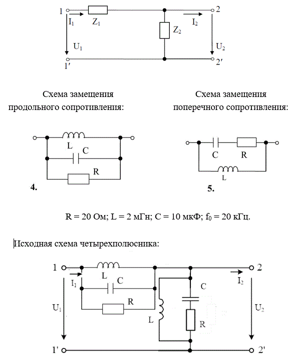 На рис. 5.1 представлена Г-образная эквивалентная схема четырёхполюсника (ЧП), где Z1 – продольное сопротивление, Z2 – поперечное сопротивление.  <br /> 1) начертить исходную схему ЧП; <br />2) свести полученную схему ЧП к Г-образной эквивалентной схеме ЧП, заменив трёхэлементные схемы замещения продольного и поперечного сопротивлений двухэлементными схемами: Z1 = R1 +jX1,   Z2 = R2 +jX2. Дальнейший расчёт вести для эквивалентной схемы; <br />3) определить коэффициенты А – формы записи уравнений ЧП: <br />а) записывая уравнения по законам Кирхгофа; <br />б) используя режимы холостого хода и короткого замыкания; <br />4) определить сопротивления холостого хода и короткого замыкания со стороны первичных (11’) и вторичных выводов (22’): <br />а) через А – параметры;  <br />б) непосредственно через продольное и поперечное сопротивления для режимов холостого хода и короткого замыкания на соответствующих выводах; <br />5) определить характеристические сопротивления для выводов 11’ и 22’ и постоянную передачи ЧП; <br />6) определить комплексный коэффициент передачи по напряжению и передаточную функцию ЧП;<br />7) определить индуктивность и емкость элементов X1, X2 эквивалентной схемы ЧП при f = f0, после чего построить амплитудно-частотную и фазочастотную характеристики ЧП, если частота входного сигнала меняется от f = 0 до f = f0. Построение вести с шагом 0,1∙f0<br /> <b>Вариант 145</b><br />R = 20 Ом; L = 2 мГн; С = 10 мкФ; f0 = 20 кГц.
