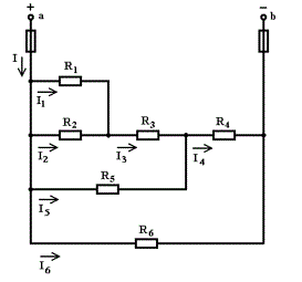 Для цепи постоянного тока (ЦПТ) со смешанным сопротивлением определить общее сопротивление цепи, то в каждом резисторе, мощность, потребляемую всей цепью, расход электрической энергии за 6 часов работы. <br /><b>Вариант 6</b> <br />Дано: U<sub>AB</sub>=85 В <br />R1 = 10 Ом, R2 = 15 Ом, R3 = 4 Ом, R4 = 4 Ом, R5 = 15 Ом, R6 = 10 Ом