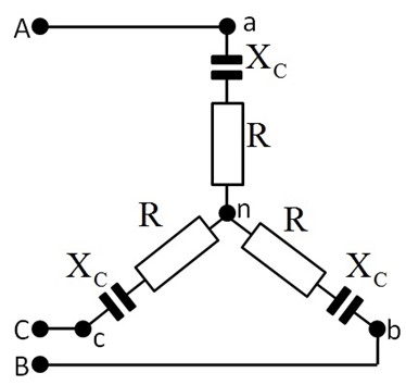 Определить линейное напряжение питающей сети несимметричного трехфазного потребителя электрической энергии, фазы которого соединены "звездой". Сопротивление резисторов R = 6 Ом, емкостное сопротивление конденсаторов Х<sub>С</sub> = 8 Ом, потребляемая активная мощность Р = 600 Вт <br /><b>Формат ответа:</b> ХХХ Е <br />где ХХХ - числовое значение, Е - единица измерения 