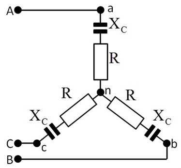 Определить активную мощность Р симметричного трехфазного потребителя электрической энергии, фазы которого соединены "звездой". Линейное симметричное напряжение питающей сети U<sub>л</sub> = 100 В, сопротивление резисторов R = 6 Ом, емкостное сопротивление конденсаторов Х<sub>С</sub> = 8 Ом. <br /><b>Формат ответа:</b> ХХХ Ед <br />где ХХХ - числовое значение, Ед - единица измерения