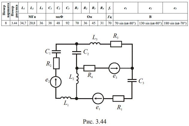 <b>Задание 3.12</b><br />Для электрической схемы, соответствующей номеру варианта, рис. 3.36 – 3.43, по заданным параметрам в таблице 3.8 выполнить следующие задания:  <br />1. Определить токи в ветвях методом законов Кирхгофа;  <br />2. Составить баланс мощностей;  <br />3. Построить топографическую диаграмму для контура, содержащего две ЭДС. <br /><b>Вариант 8</b>