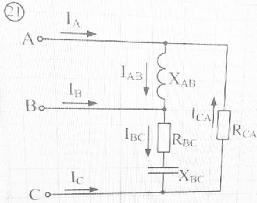 Определить линейные и фазные токи, активную мощность. Построить векторную диаграмму токов и напряжений <br />Дано: Uл = 410 В, <br />Xab = 90 Ом, Rbc = 60 Ом, Xbc = 80 Ом, Rca = 100 Ом